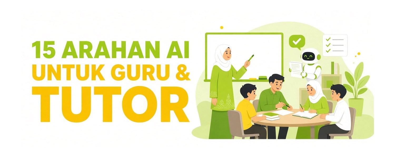 Ilustrasi seorang guru bertudung mengajar di papan putih sementara seorang guru lelaki dan tiga murid berbincang di meja bulat, dengan robot AI memegang senarai semak, dan tajuk 15 Arahan AI Untuk Guru & Tutor