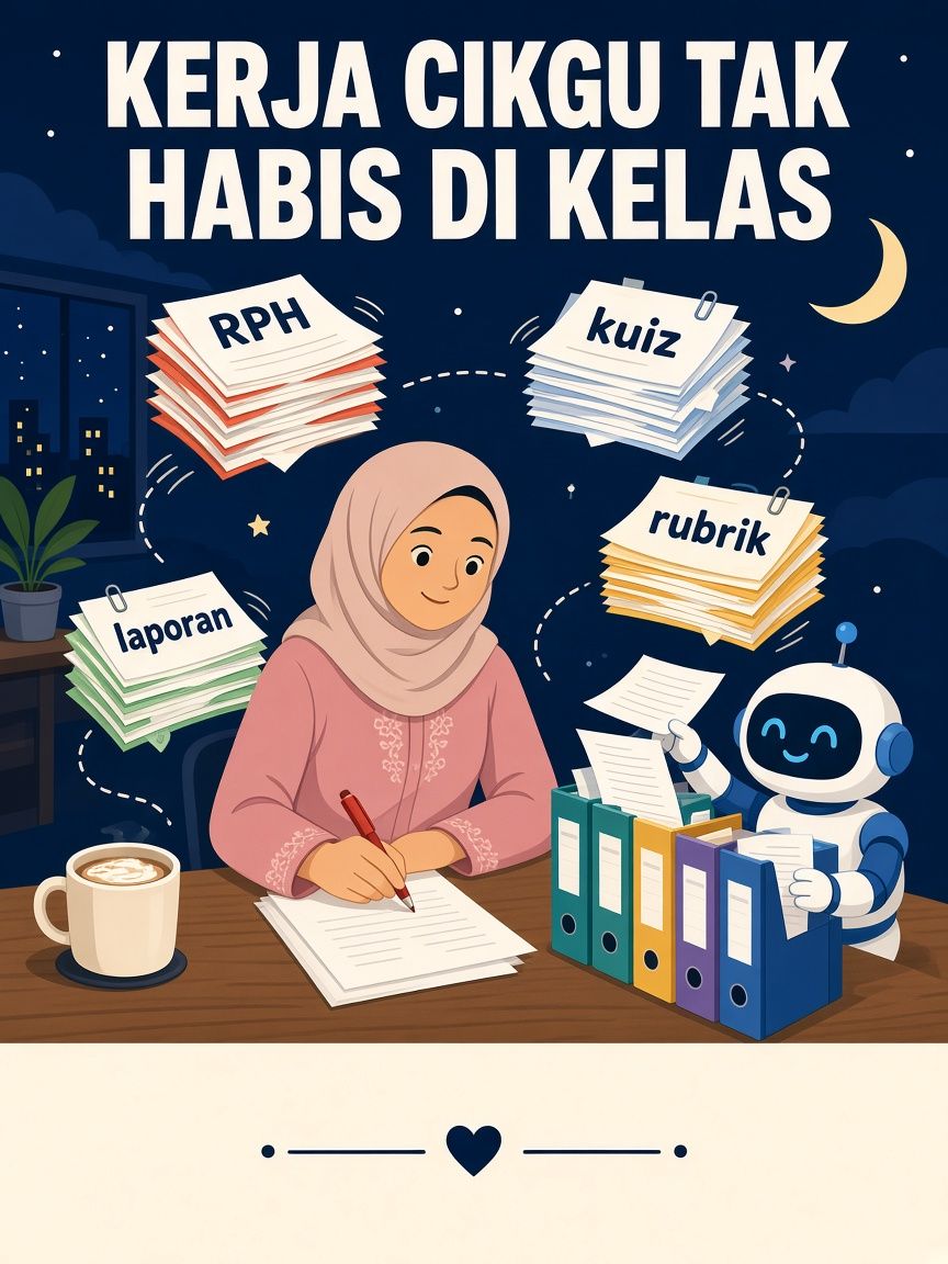 Ilustrasi seorang guru bertudung menulis di meja pada waktu malam dengan secawan kopi, dikelilingi timbunan kertas berlabel RPH, kuiz, rubrik dan laporan, sementara sebuah robot AI menyusun fail, dengan tajuk Kerja cikgu tak habis di kelas
