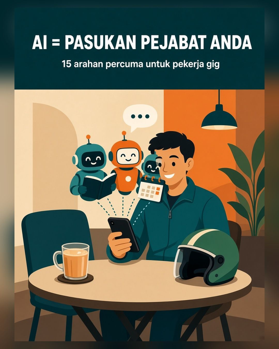 Ilustrasi seorang rider tersenyum memegang telefon di meja kafe dengan teh tarik dan topi keledar, sementara tiga robot AI kecil membawa buku, mesej dan kalendar, dengan tajuk AI = pasukan pejabat anda