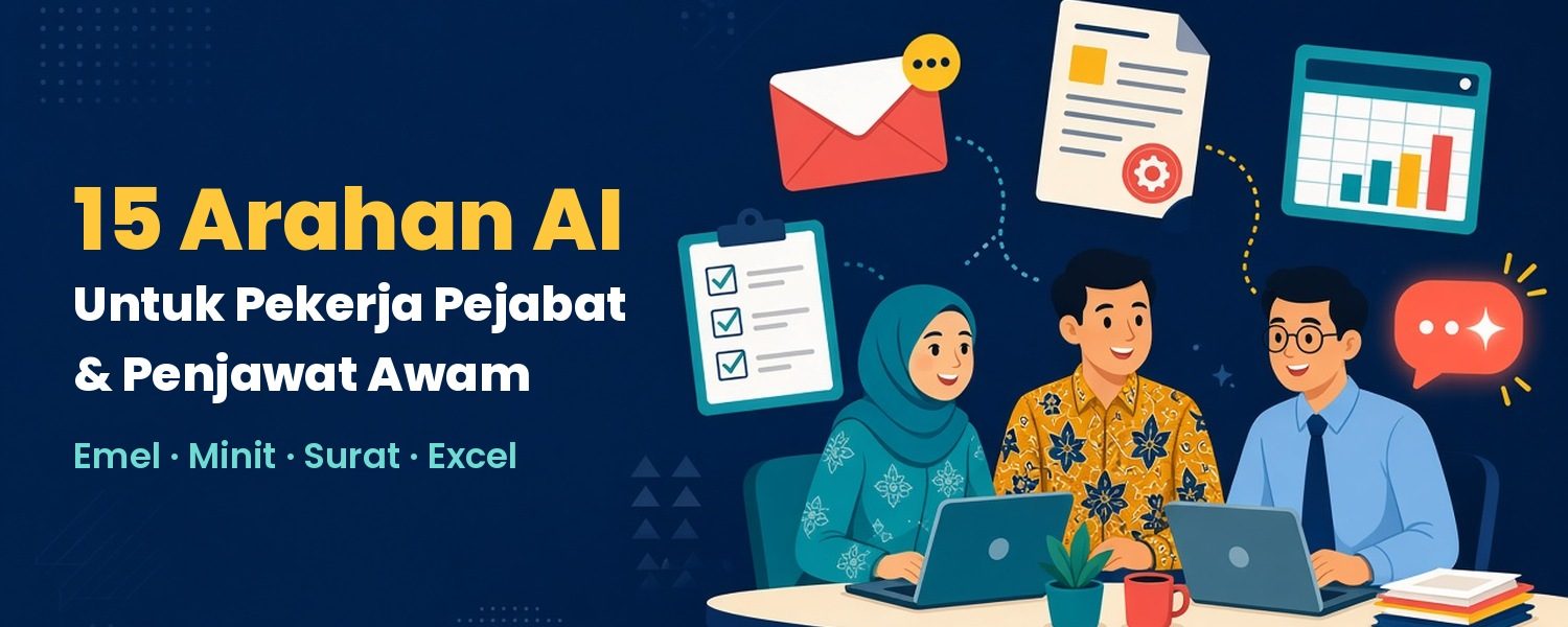Ilustrasi tiga pekerja pejabat di meja dengan komputer riba, dikelilingi ikon emel, dokumen, senarai semak dan carta, dengan tajuk 15 Arahan AI Untuk Pekerja Pejabat & Penjawat Awam