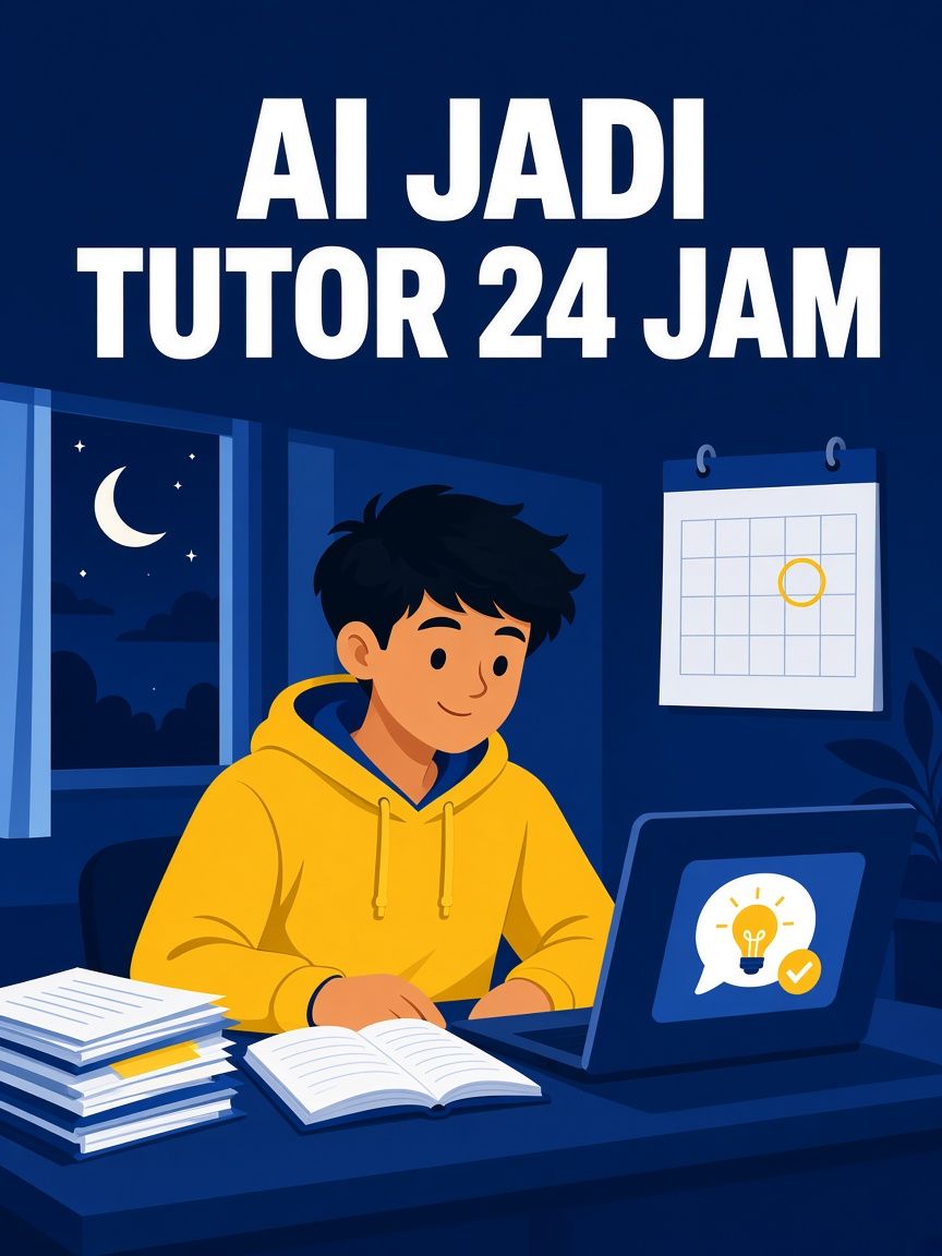 Ilustrasi seorang pelajar lelaki berhud kuning belajar pada waktu malam di meja dengan buku terbuka, timbunan nota dan komputer riba yang memaparkan ikon mentol idea, dengan tajuk AI jadi tutor 24 jam