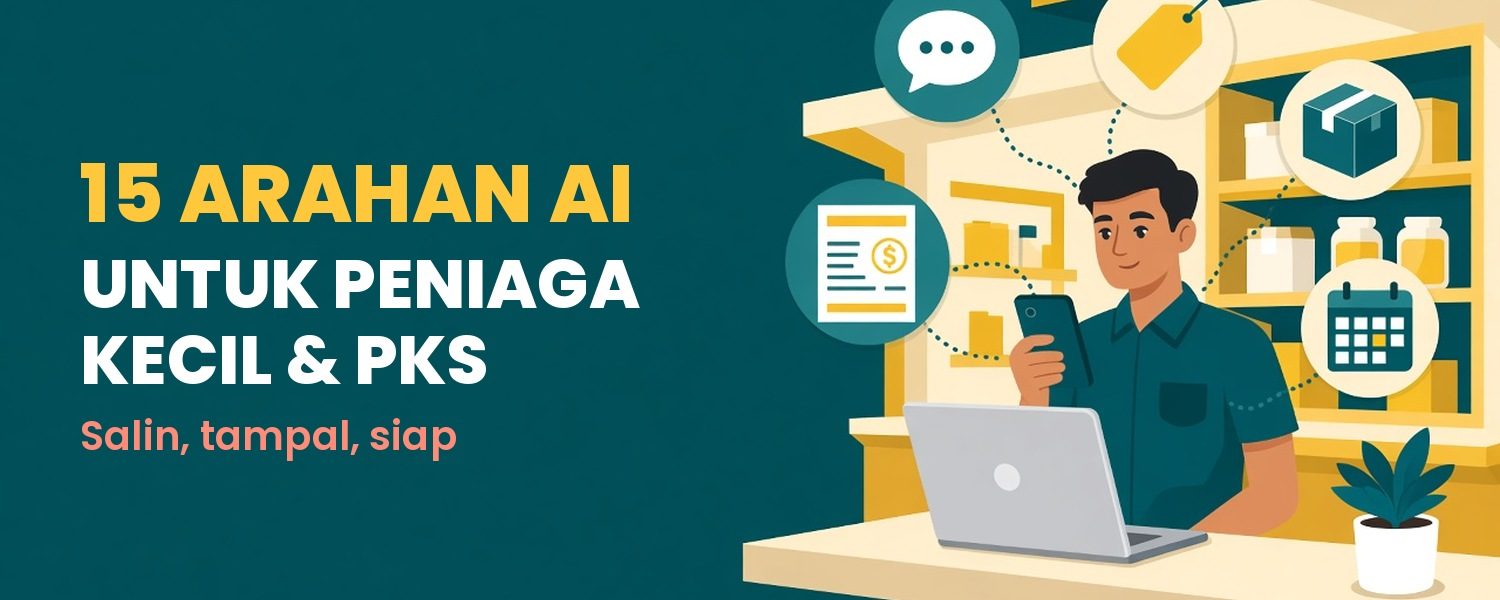 Ilustrasi seorang peniaga lelaki di kedainya memegang telefon di depan komputer riba, dikelilingi ikon mesej, tanda harga, kotak, invois dan kalendar, dengan tajuk 15 Arahan AI Untuk Peniaga Kecil & PKS