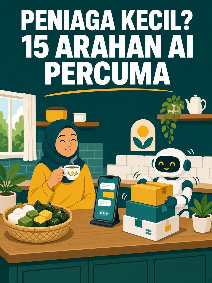 Ilustrasi seorang peniaga wanita bertudung menghirup teh di dapur sementara robot AI comel menyusun kotak pesanan di sebelah telefon yang memaparkan mesej pelanggan, dengan tajuk Peniaga kecil? 15 arahan AI percuma