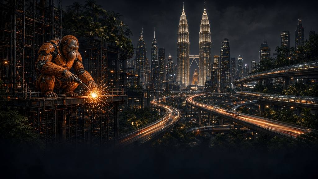 Illustration: a robot orangutan welding on scaffolding beside the Petronas Twin Towers, with the glowing highways of Kuala Lumpur at night